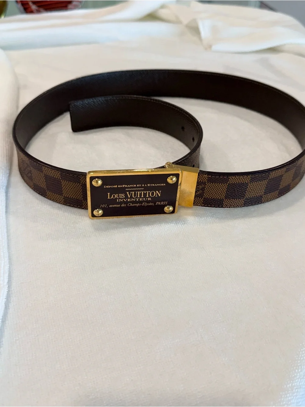 Louis Vuitton Brown Damier Canvas Belt with Gold Plaque Buckle
